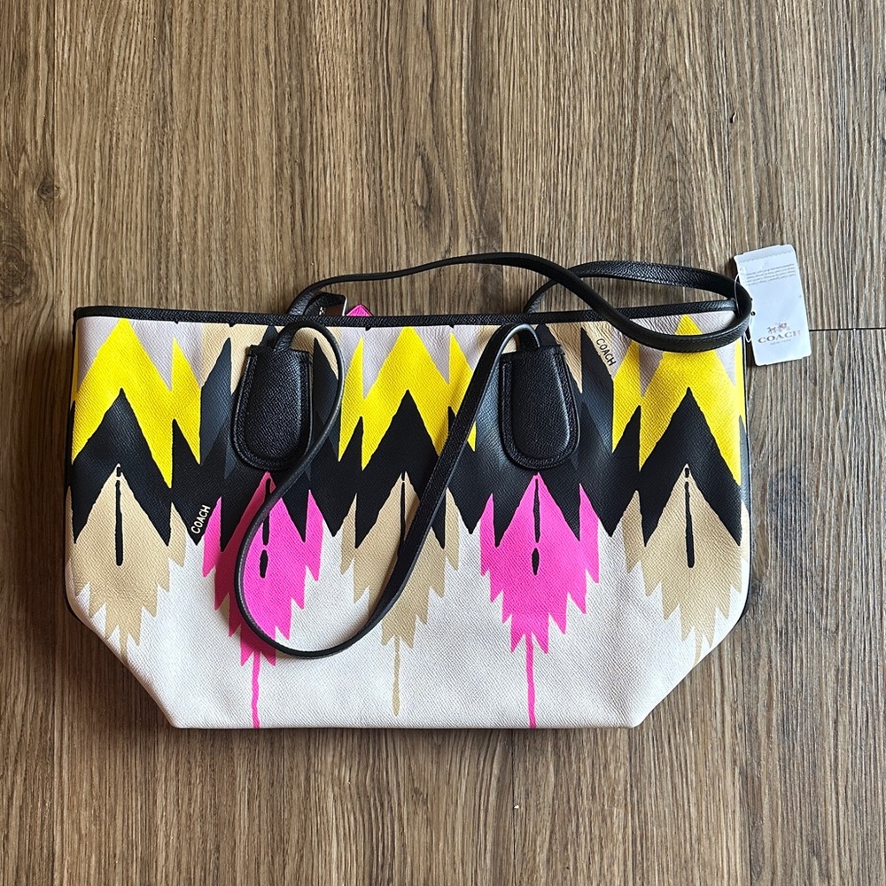 Coach Vibrant Zigzag Tote in Black, Yellow, Pink, and Tan